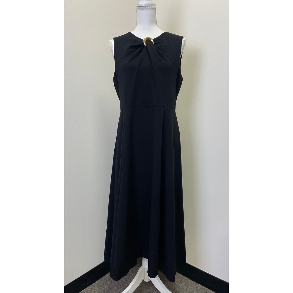 Donna Karan New York Black Sleeveless Midi Dress Gold Hardware Accent Size 12